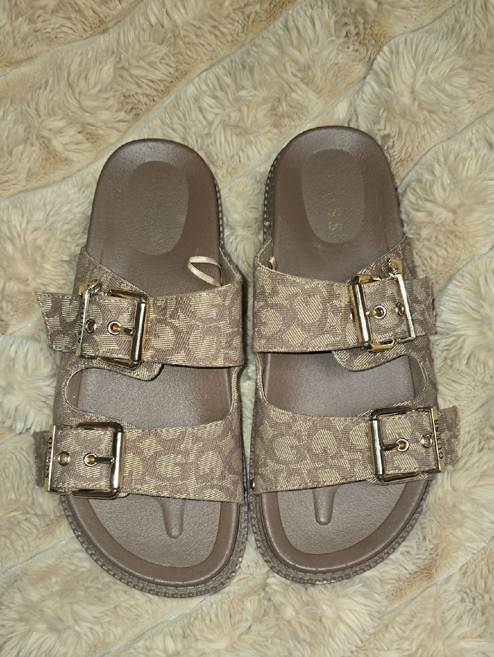 Guess Monogram Double Buckle Slide Sandals in Brown and Gold